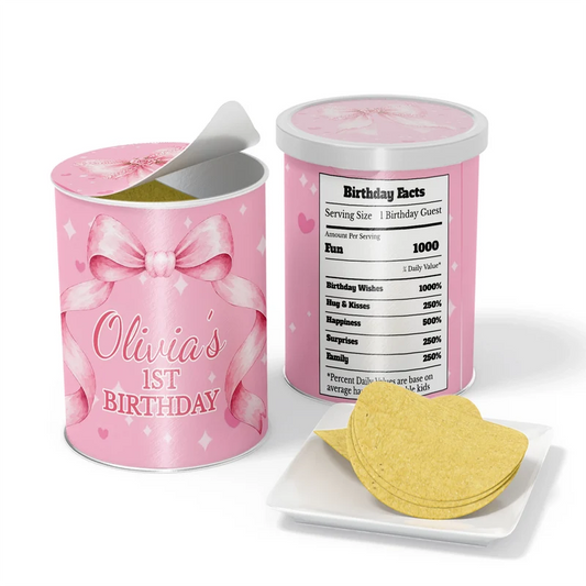 Pink Bow small Pringles label wrap with elegant ribbon designs displayed on a miniature snack can