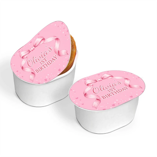 Pink Bow mini Pringles label featuring a custom ribbon design wrapper on a small stackable snack can