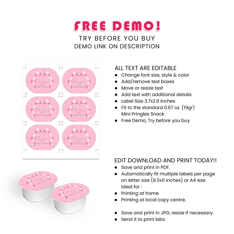 Pink Bow Mini Pringles Label Printable Digital Download