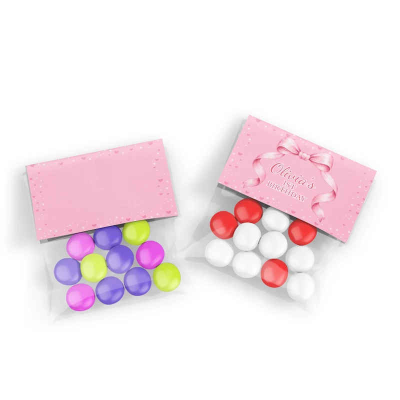 Pink Bow treat bag topper label showing a folded pastel paper design sealing a clear candy pouch