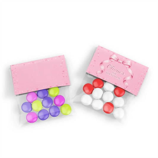 Pink Bow treat bag topper label showing a folded pastel paper design sealing a clear candy pouch
