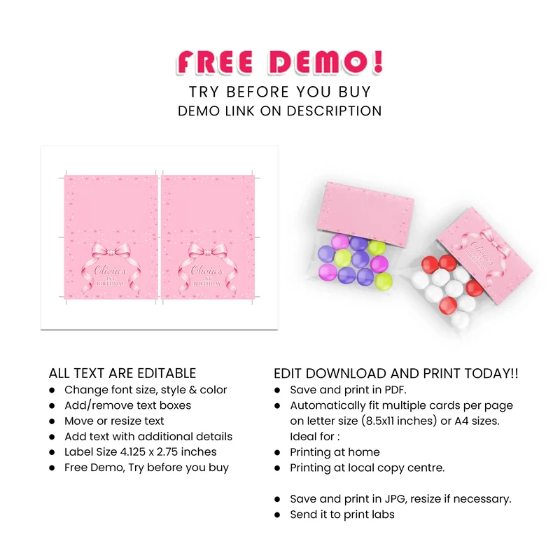 Pink Bow Treat Bag Topper Label Printable Digital Download