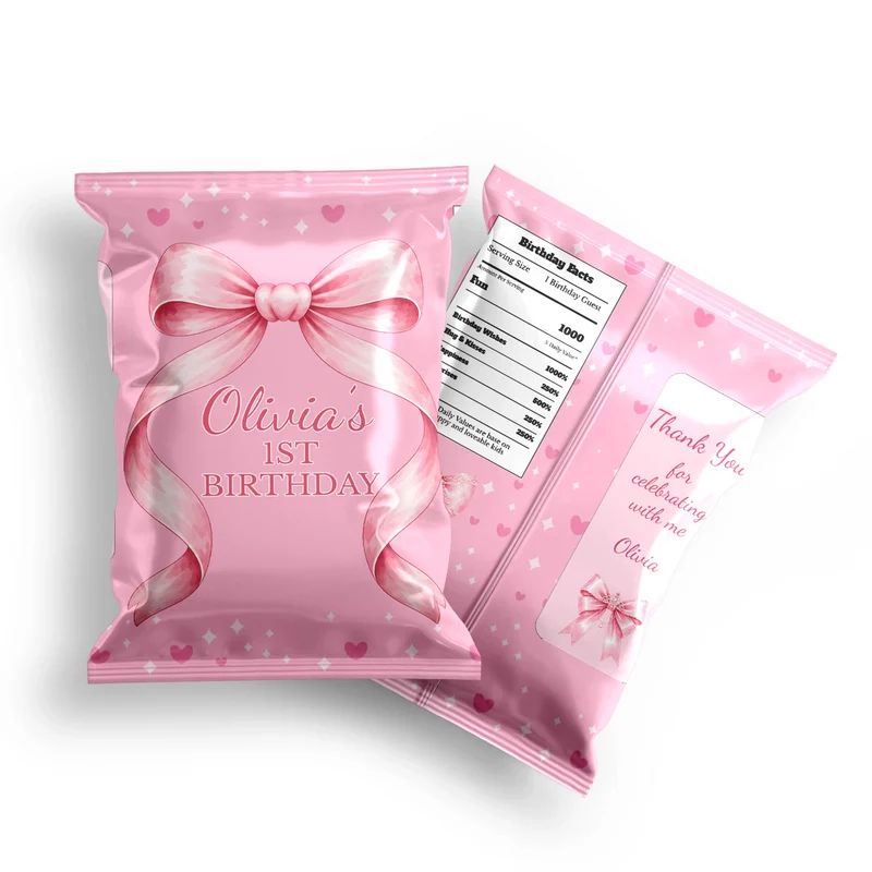 Pink Bow chips bag label mockup displaying a custom snack bag layout on a clean background