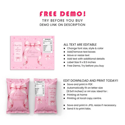 Pink Bow Chips Bag Label Printable Digital Download