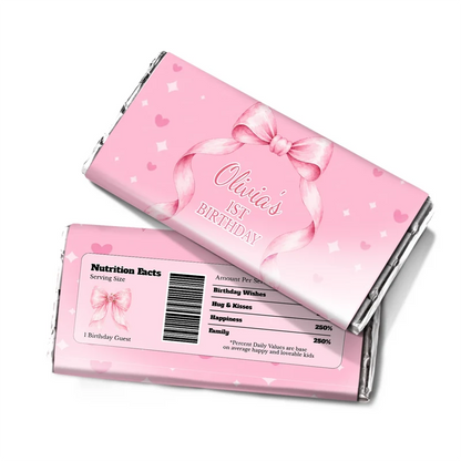 Pink Bow chocolate label wrap featuring a candy bar packaging layout against a white surface