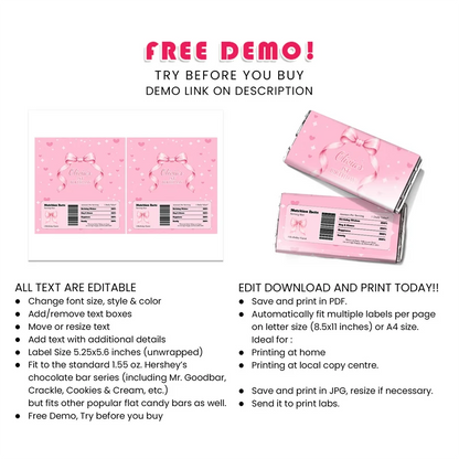 Pink Bow Chocolate Label Printable Digital Download