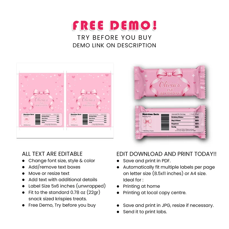 Pink Bow Rice Krispies Treats Label & Candy Bar Label Digital Download