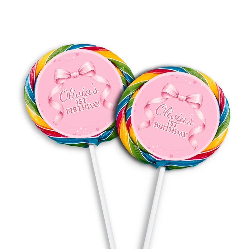 Pink Bow lollipop label mockup featuring a round sticker design attached to a clear wrapper