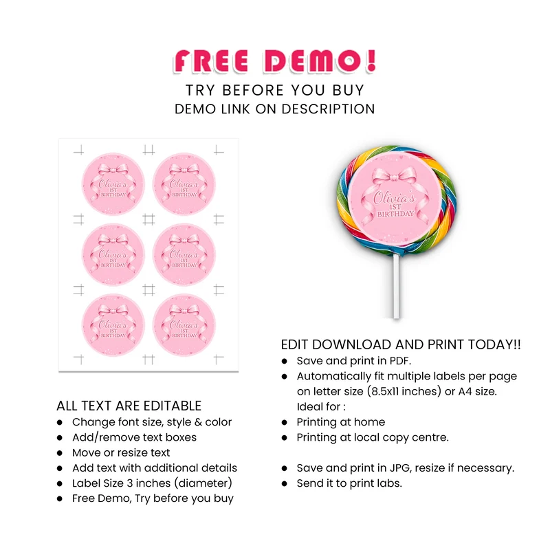 Pink Bow Lollipop Label Printable Digital Download