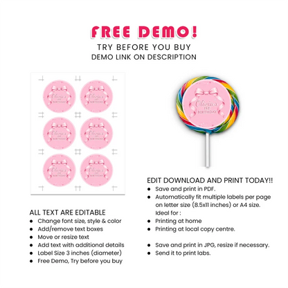 Pink Bow Lollipop Label Printable Digital Download