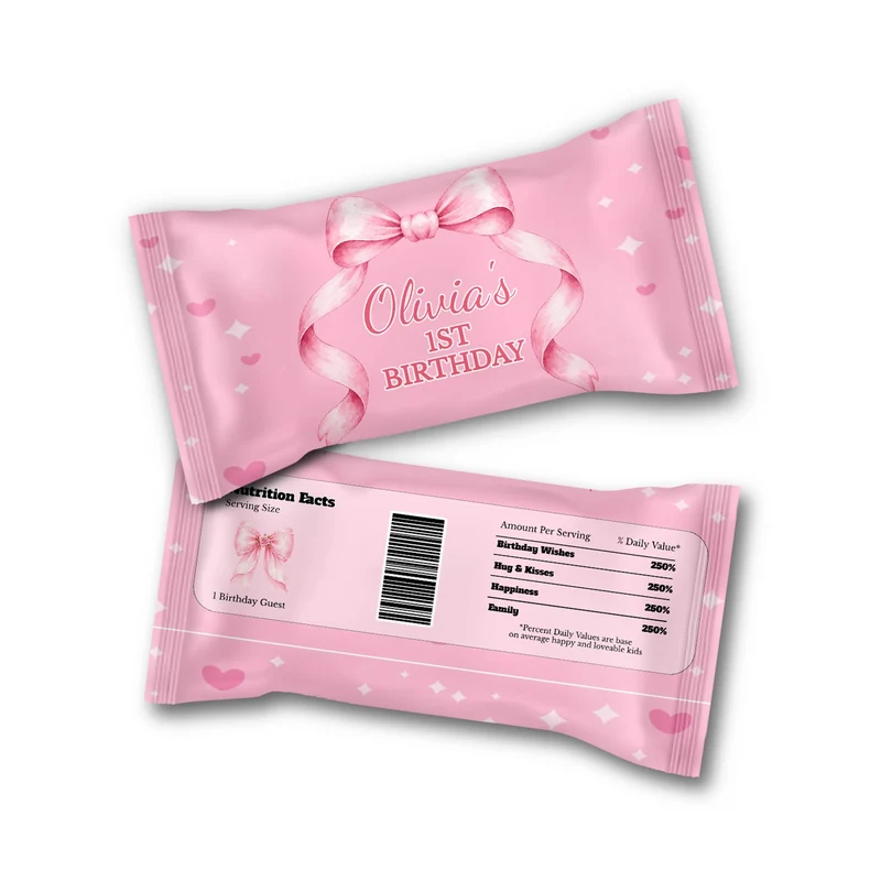 Pink Bow Skittles label wrap showing a soft pink candy packaging layout displayed on a neat tabletop