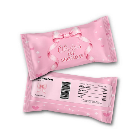 Pink Bow Skittles label wrap showing a soft pink candy packaging layout displayed on a neat tabletop