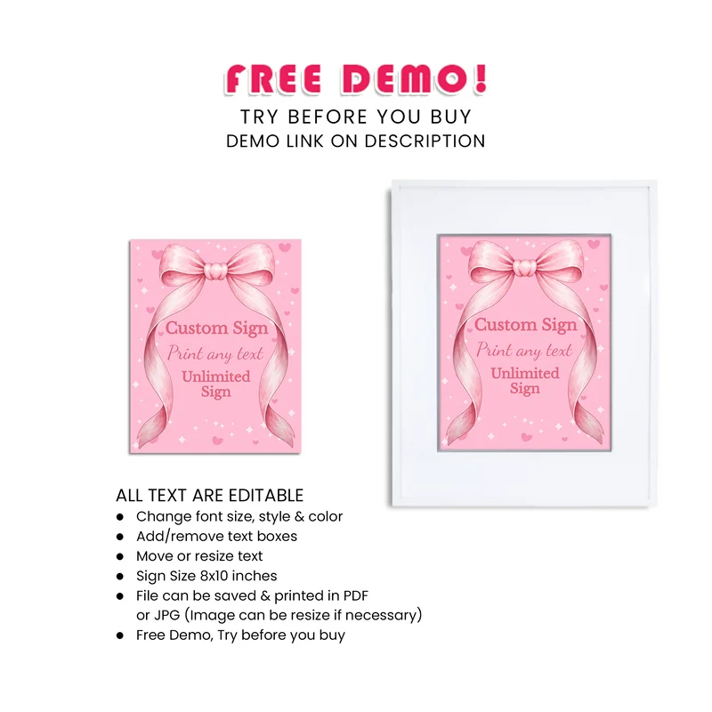 Pink Bow Custom Sign Printable Digital Download