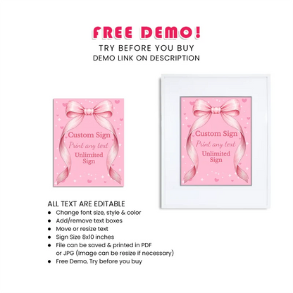 Pink Bow Custom Sign Printable Digital Download