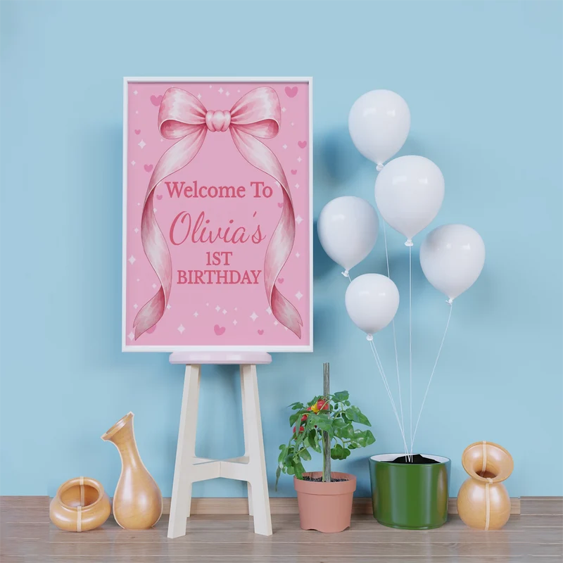 Cute Pink Bow Birthday Decorations, Pastel Pink Bow Party Supplies, Pink Bow Themed, Pink Bow Digital Template, Editable Pink Bow Image SVG PNG