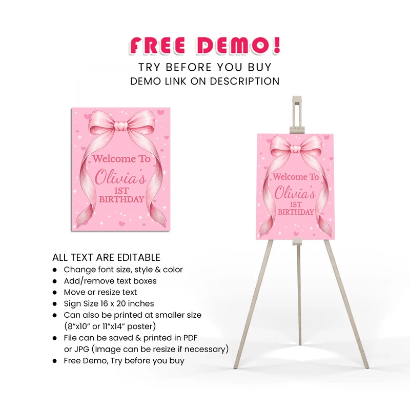 Pink Bow Welcome Sign Printable Digital Download