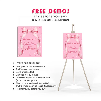 Pink Bow Welcome Sign Printable Digital Download