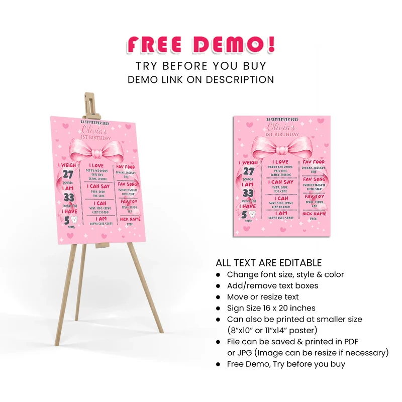 Pink Bow Milestone Poster Printable Digital Download