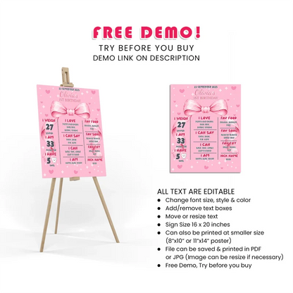 Pink Bow Milestone Poster Printable Digital Download