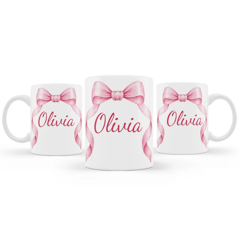 Pink Bow sublimation mug design featuring a graphic layout wrapped around a white ceramic mug