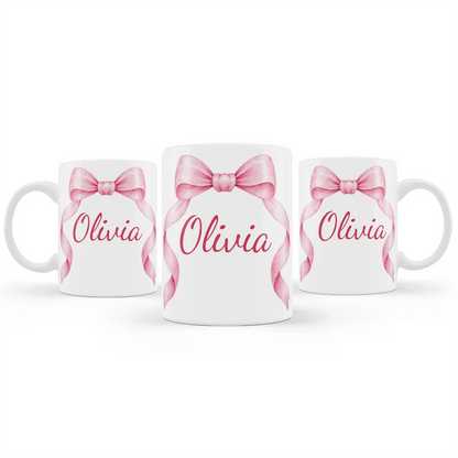 Pink Bow sublimation mug design featuring a graphic layout wrapped around a white ceramic mug
