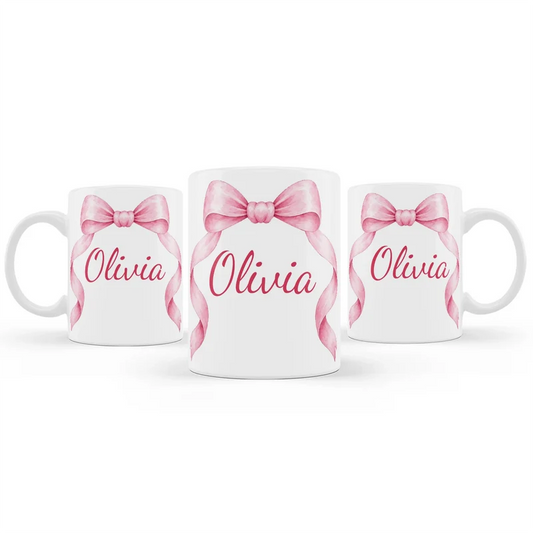 Pink Bow sublimation mug design featuring a graphic layout wrapped around a white ceramic mug