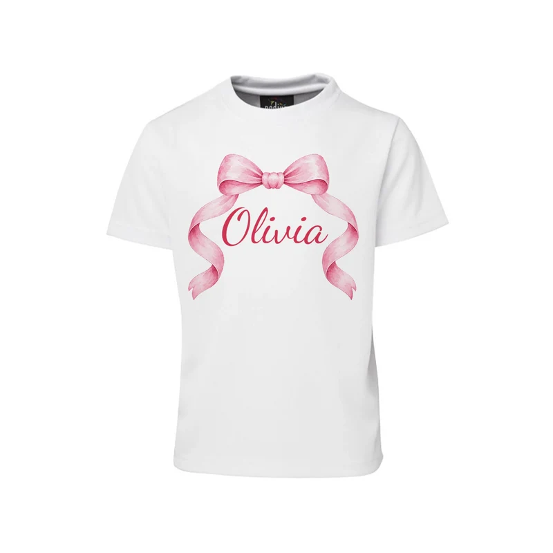 Pink Bow sublimation T-shirt mockup showing a graphic layout printed on a white cotton shirt