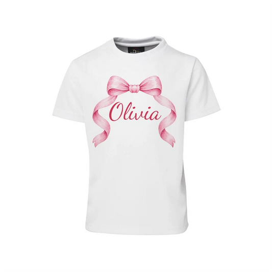 Pink Bow sublimation T-shirt mockup showing a graphic layout printed on a white cotton shirt
