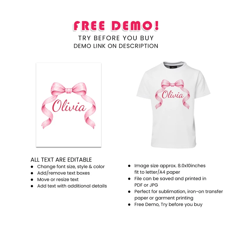 Pink Bow Sublimation T-Shirt Digital Download