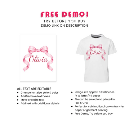 Pink Bow Sublimation T-Shirt Digital Download