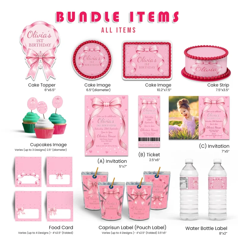 Pink Bow personalized party pack template with elegant ribbon decorations in a charming flat lay mockup layout