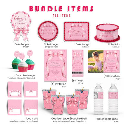 Pink Bow personalized party pack template with elegant ribbon decorations in a charming flat lay mockup layout
