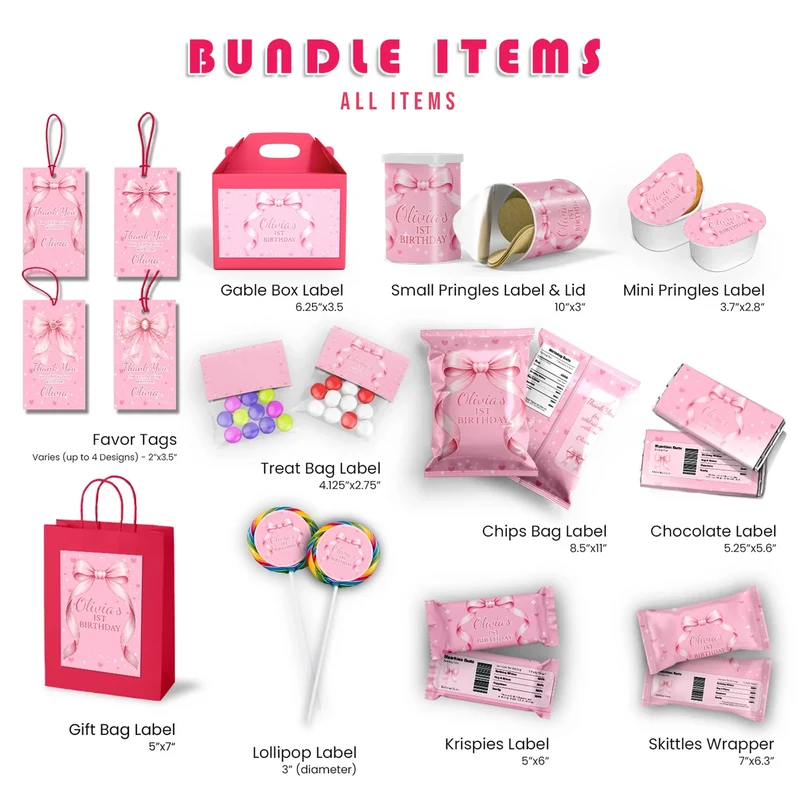 Cute Pink Bow Birthday Decorations, Pastel Pink Bow Party Supplies, Pink Bow Themed, Pink Bow Digital Template, Editable Pink Bow Image SVG PNG