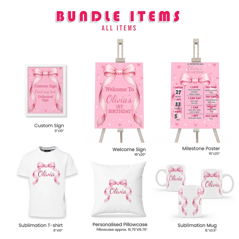 Pink Bow Personalized Party Pack Bundle Printable Digital Download