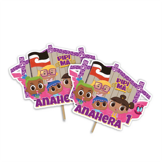 Pipi Ma personalized cake toppers featuring festive birthday themes on a modern dessert display