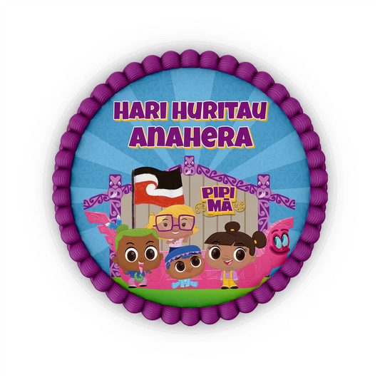 Pipi Ma edible icing cake images with colorful character designs placed on a frosted round cake