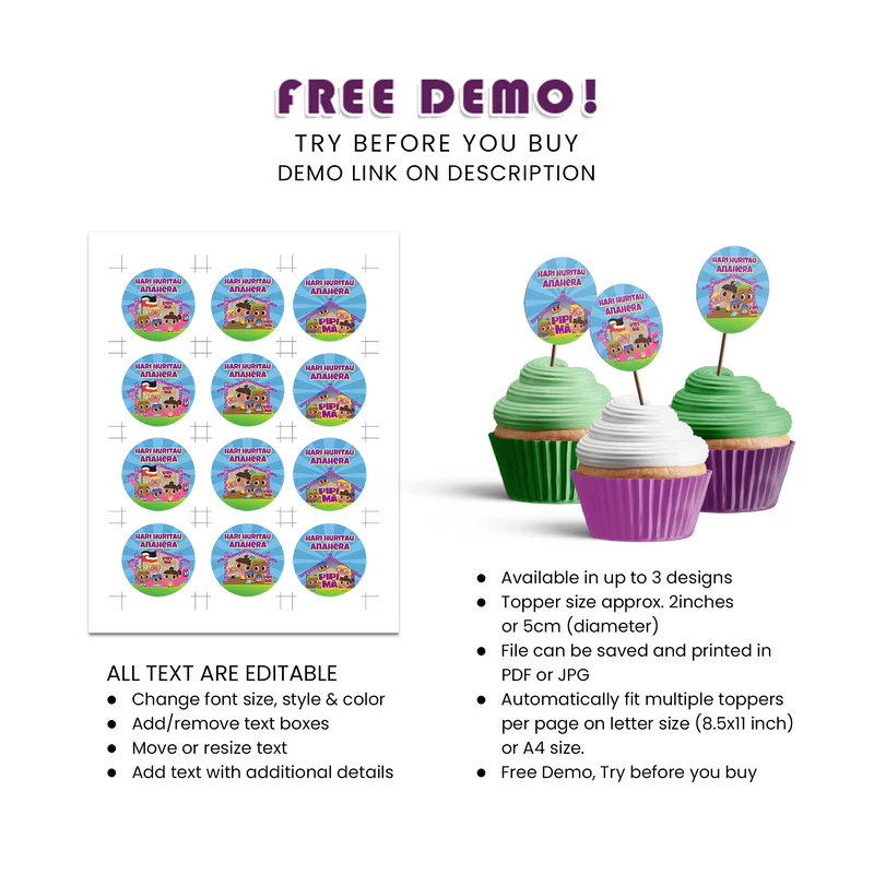 Pipi Ma Personalized Cupcakes Toppers Digital Download