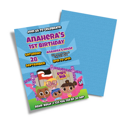 Pipi Ma birthday card invitations displaying a bright festive template layout on a minimal background