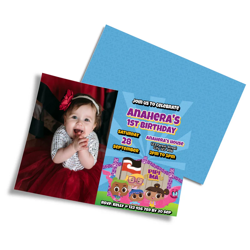 Pipi Ma photo card invitations featuring a custom picture frame layout on a clean studio background