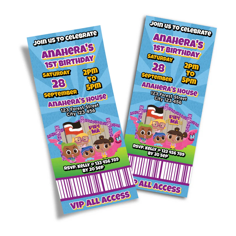 Pipi Ma birthday ticket invitations showing a vibrant event pass style layout with bold typography