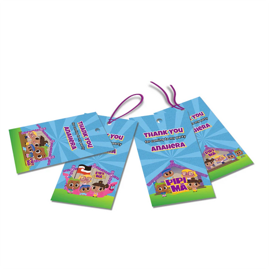 Pipi Ma thank you tags with colorful text accents displayed on a neatly wrapped party favor box