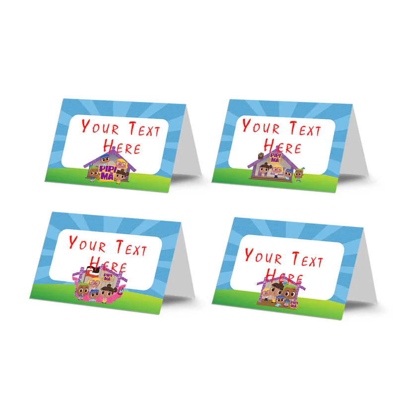 Pipi Ma food cards showing a collection of vibrant buffet labels arranged on a decorated treat table