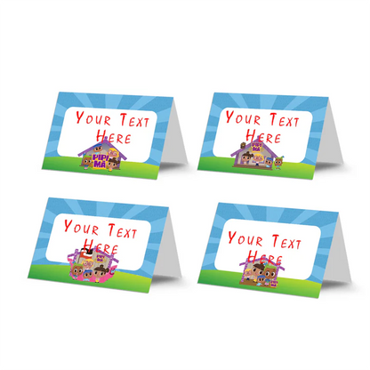 Pipi Ma food cards showing a collection of vibrant buffet labels arranged on a decorated treat table
