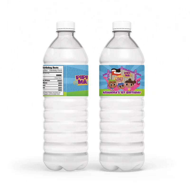 Pipi Ma water bottle label wrap showing a colorful party theme layout on a clear plastic bottle