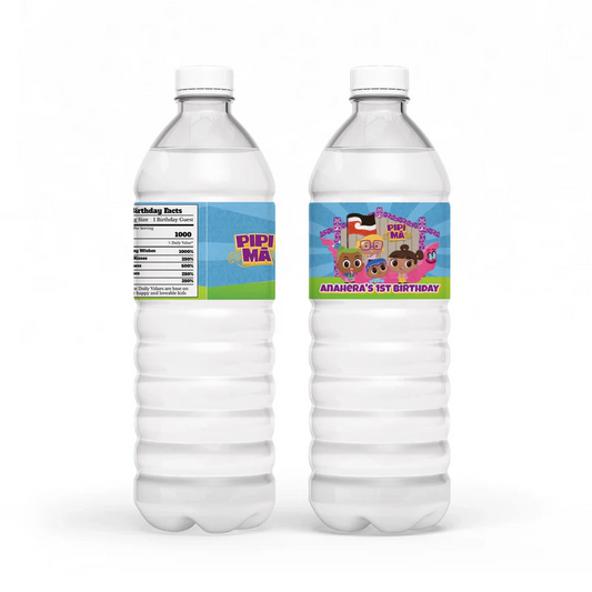 Pipi Ma water bottle label wrap showing a colorful party theme layout on a clear plastic bottle