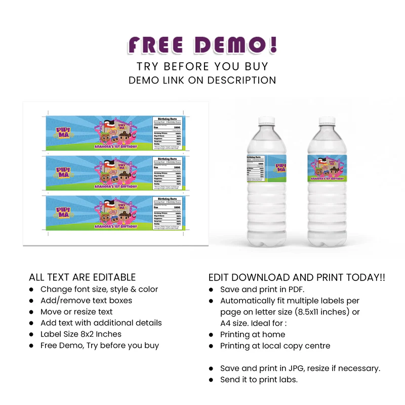Pipi Ma Water Bottle Label Printable Digital Download