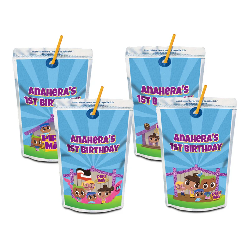Pipi Ma juice pouch label mockup featuring a vibrant birthday design attached to a silver pouch
