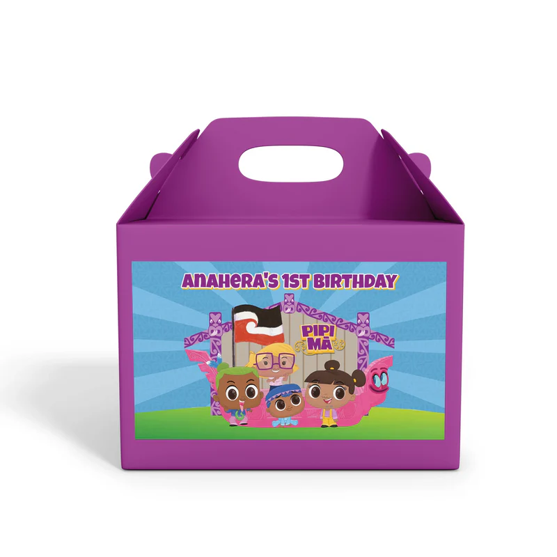Pipi Ma treat box label showing a colorful custom design layout on a mini favor box container