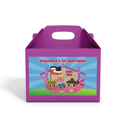 Pipi Ma treat box label showing a colorful custom design layout on a mini favor box container