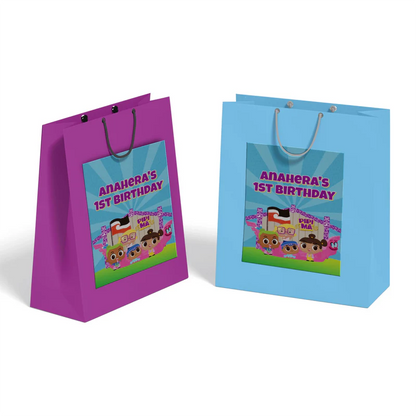 Pipi Ma goodie bag label featuring a vibrant party theme design applied to a classic paper gift bag